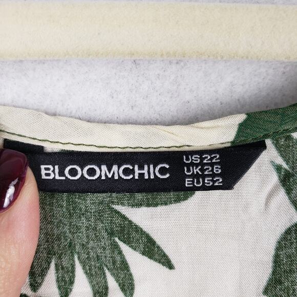 BloomChic Size 22 Ruffle Sleeve Midi Dress Green Tropical Palm Print Beach - Picture 3 of 9